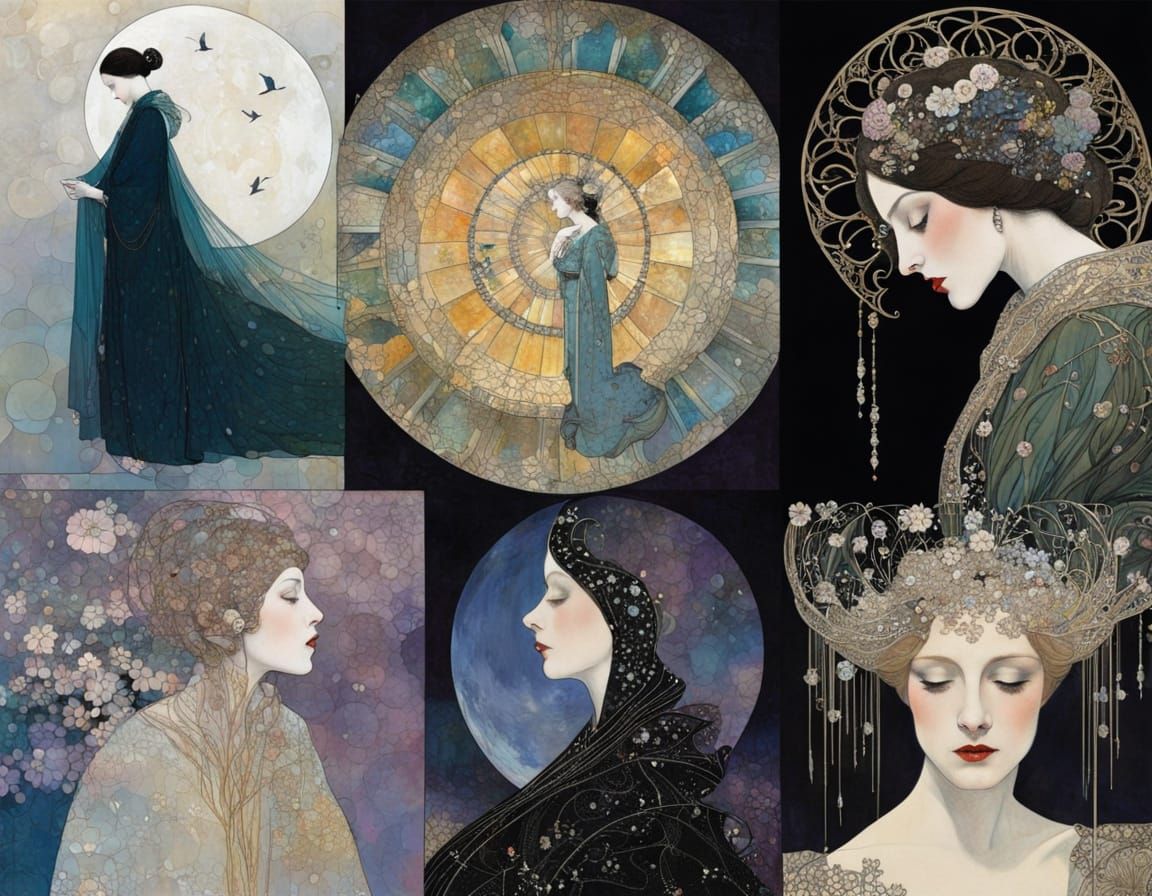 Moonlit Woman in Veil with Spring Colors, Harry Clarke Style