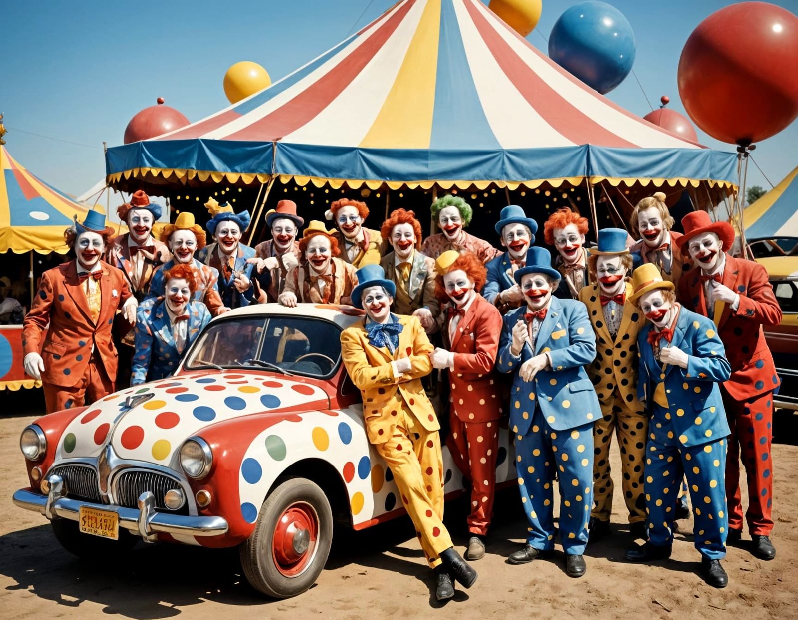 Polka Dot Clowns and Car at the Circus