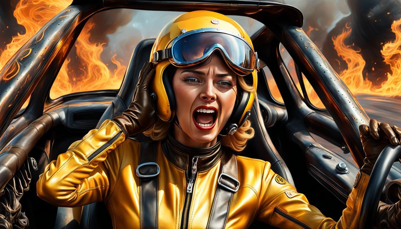 Burning Racer: A Hyperrealistic Image of Fear and Flames