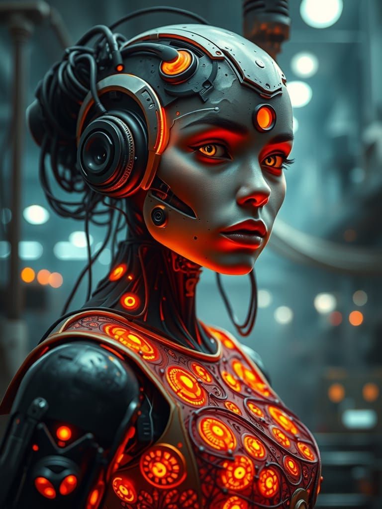 Android Goddess in Dystopian Factory