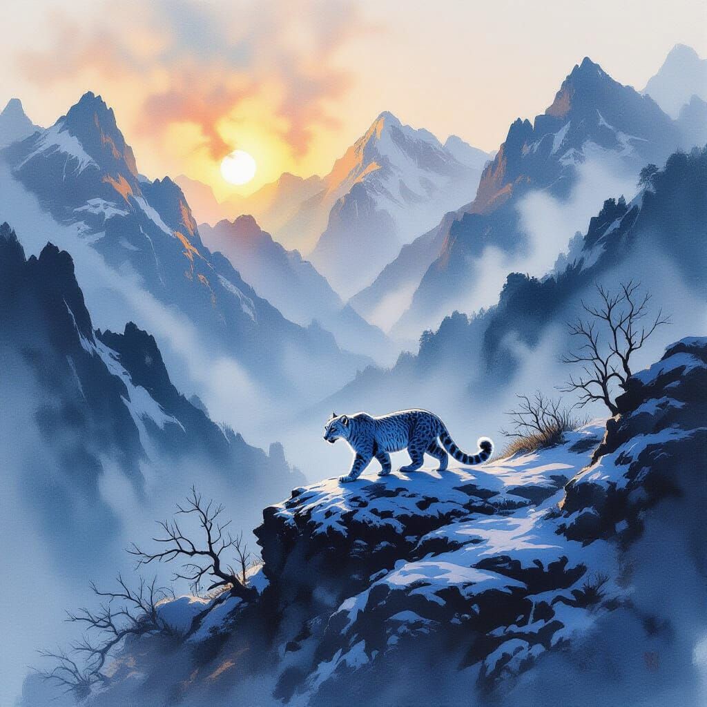 Snow Leopard in Himalayan Pass, Sumi Ink Style