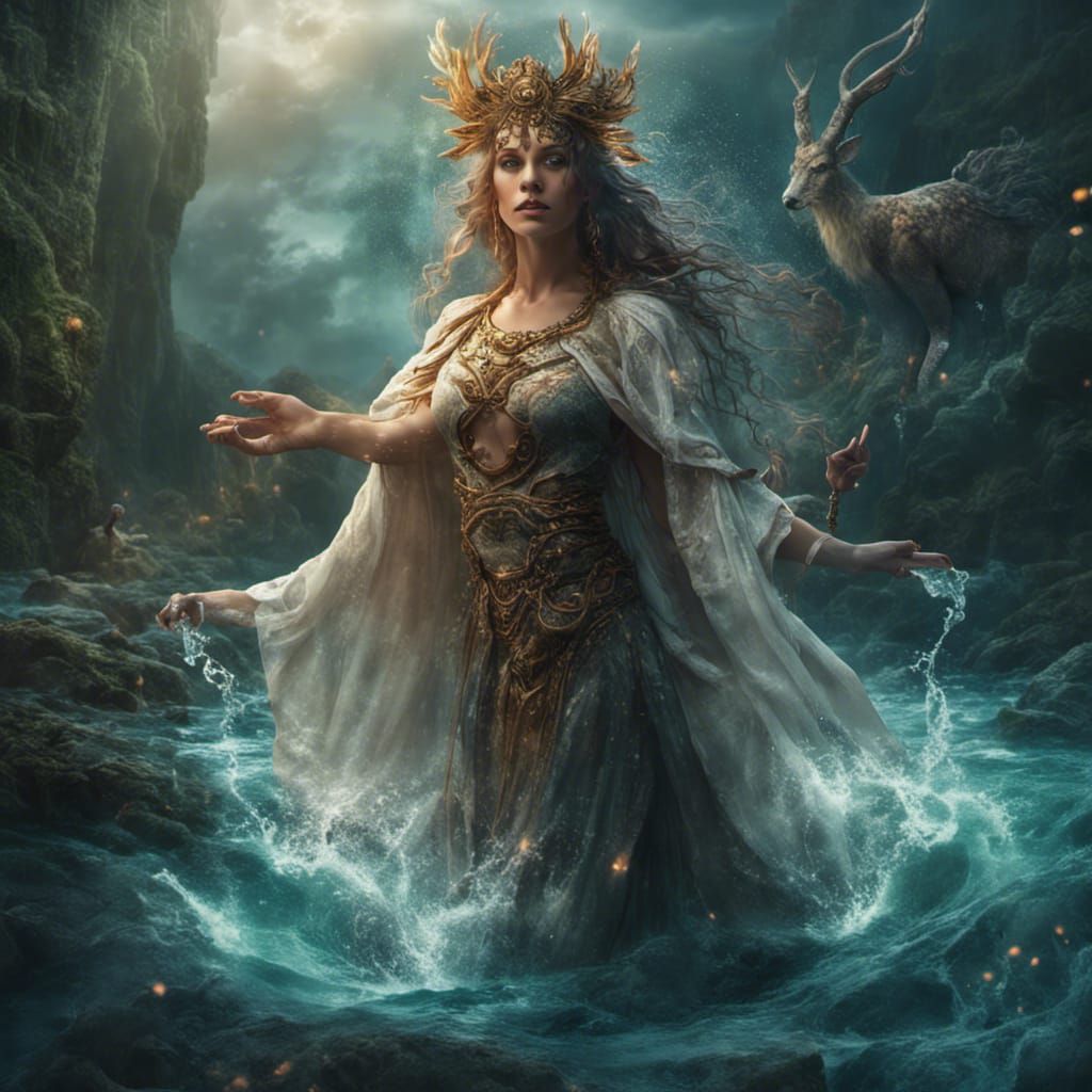 Druid Awakens River Goddess: Detailed Matte Painting