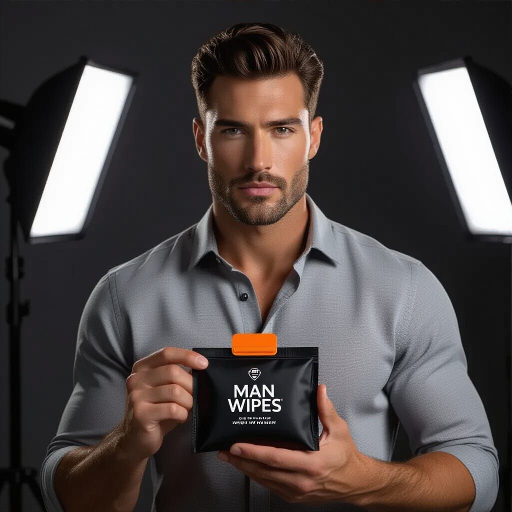 Male Model Poses with "MAN WIPES" Product in Studio