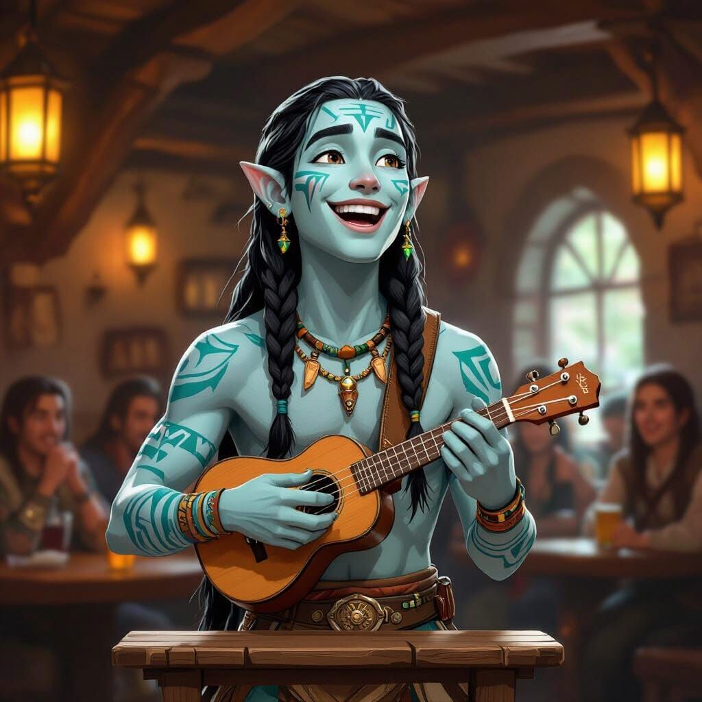 Teenage Stone Bard Sings Joyfully in Fantasy Tavern