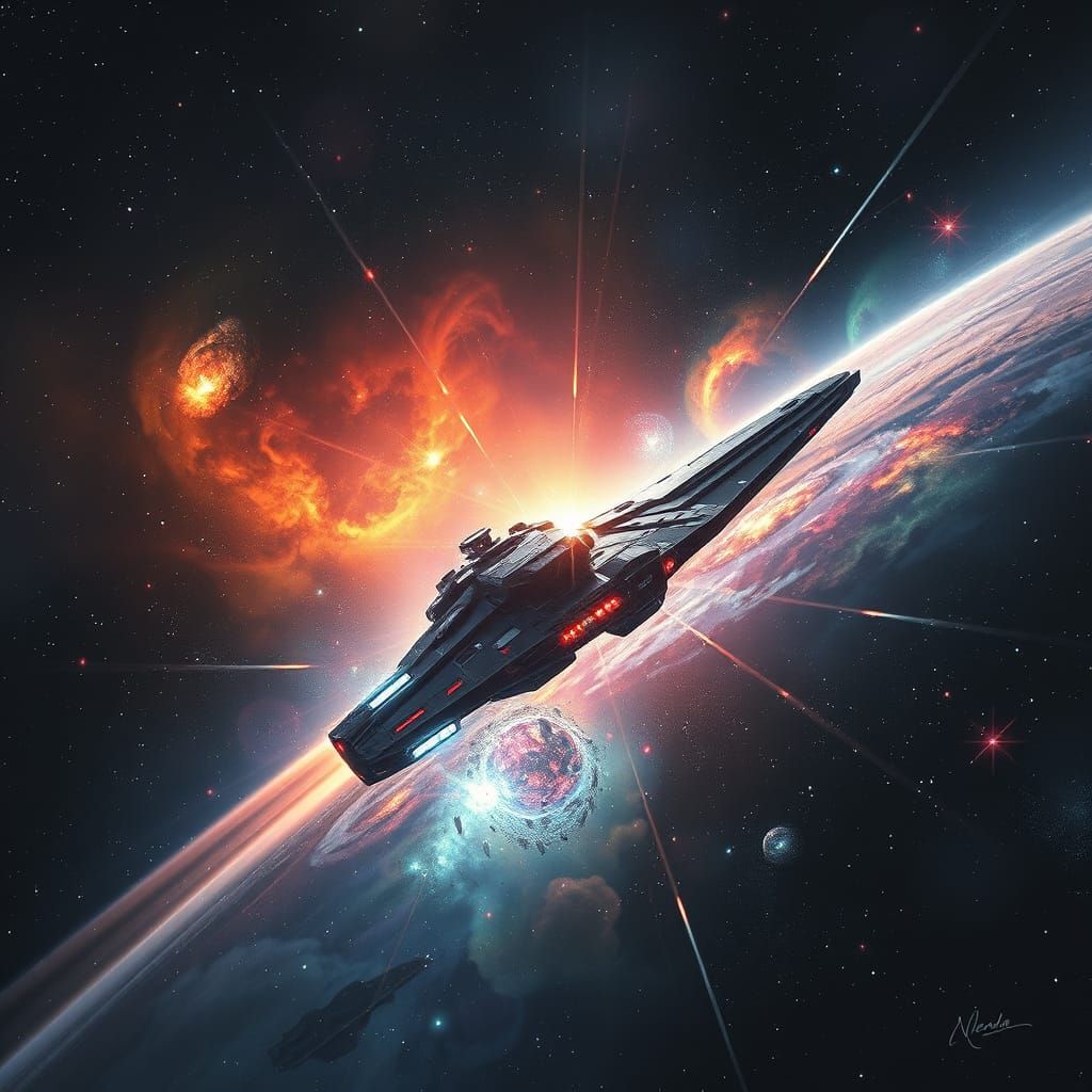 Majestic Space Ship Soars Through Star-Studded Galaxy in Cyb...