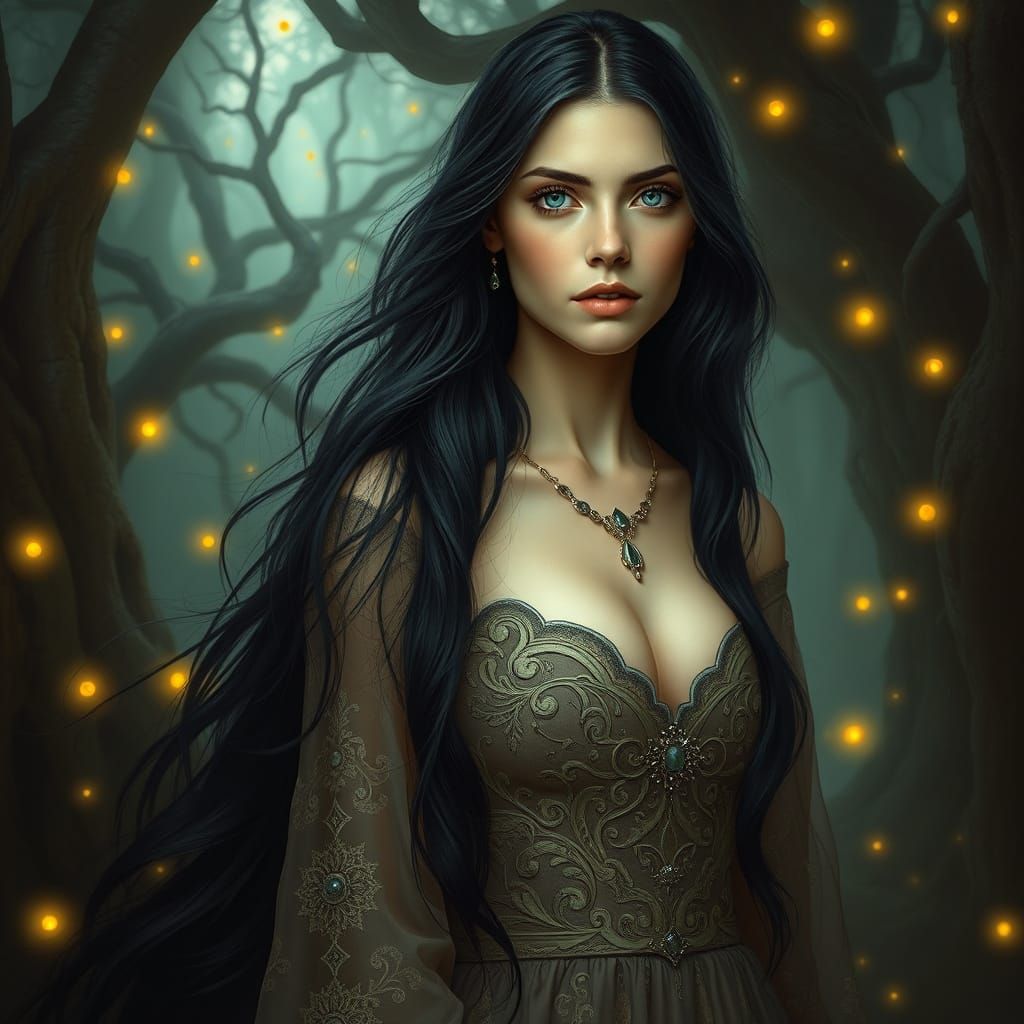 Romantic Woman in Grove: Pre-Raphaelite Art Nouveau