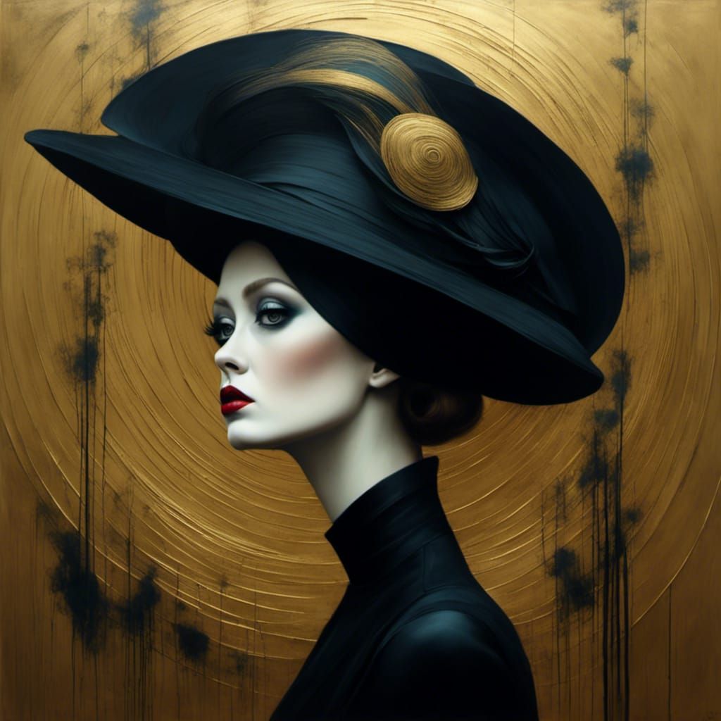 Pop Surrealist Portrait with Gold and Wood Accents