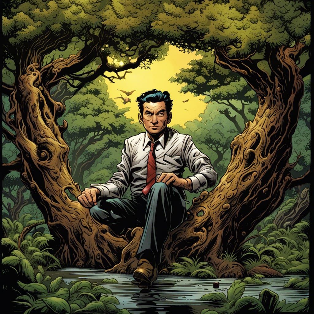 Mr. Miagi and Bonsai Tree in Comic Book Style