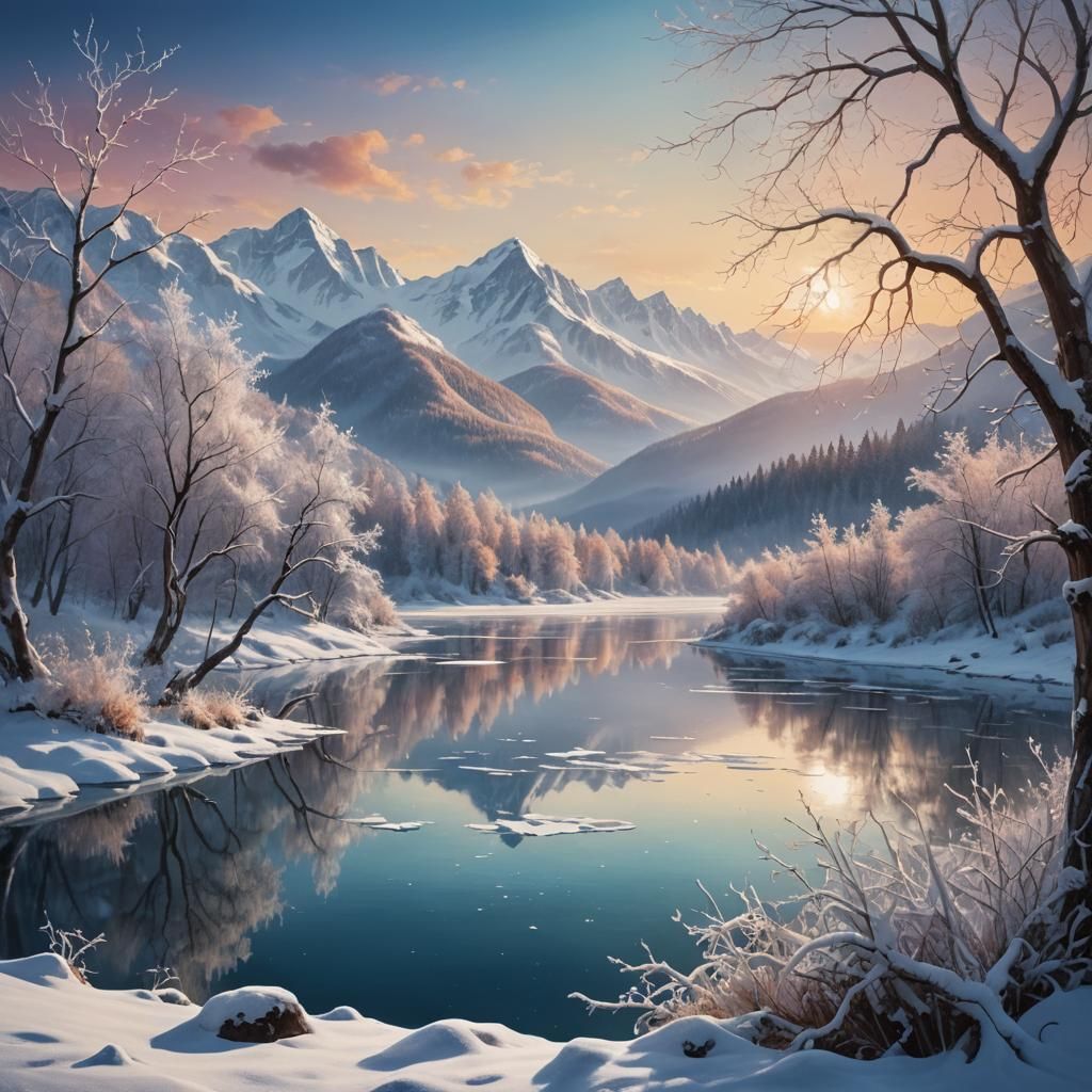 Serene Winter Landscape in Oil Painting Style