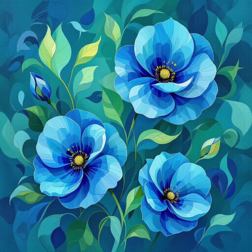 Abstract Blue and Green Floral Digital Painting