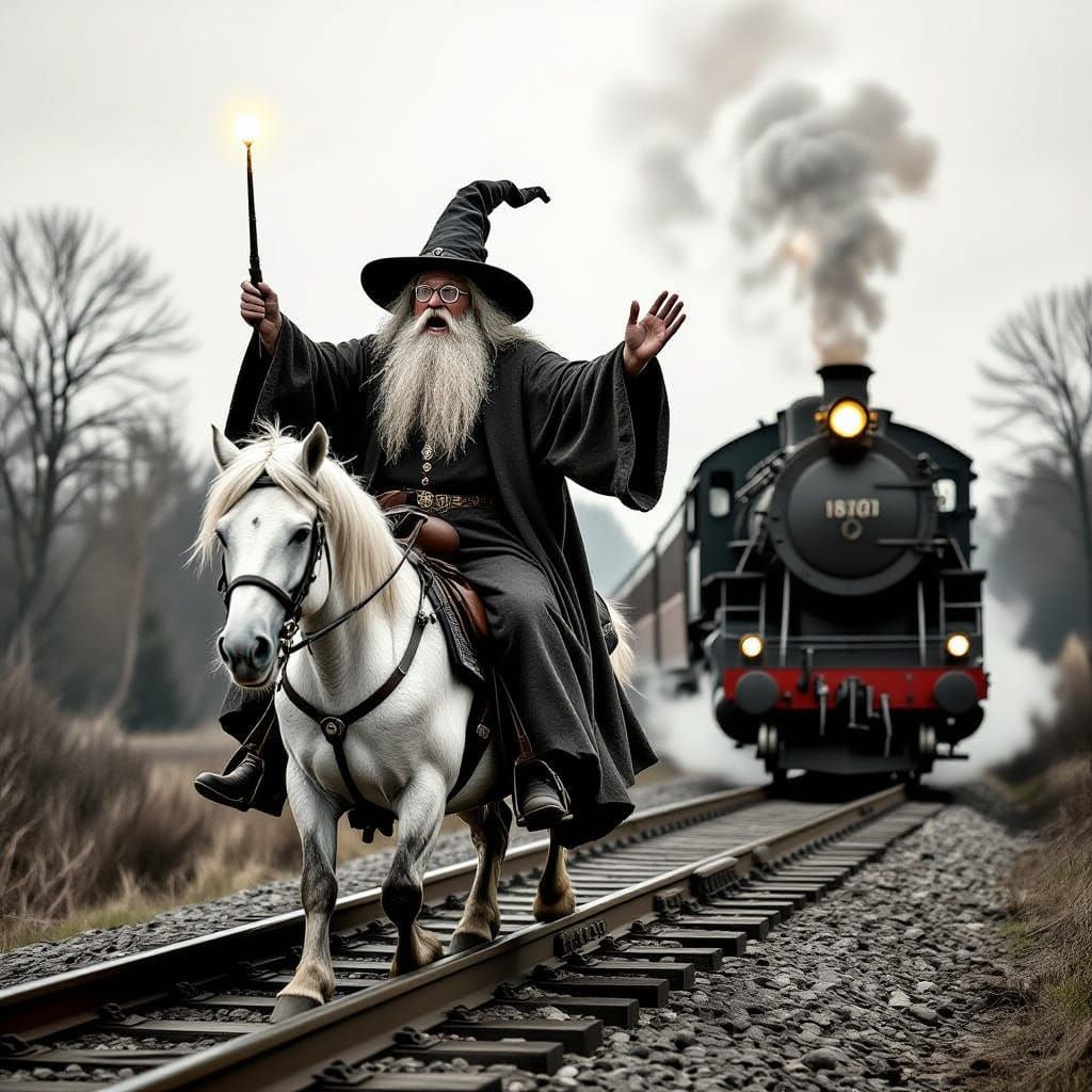Enchanted Wizard Rides Unicorn Beside Steam Train in a Grain...