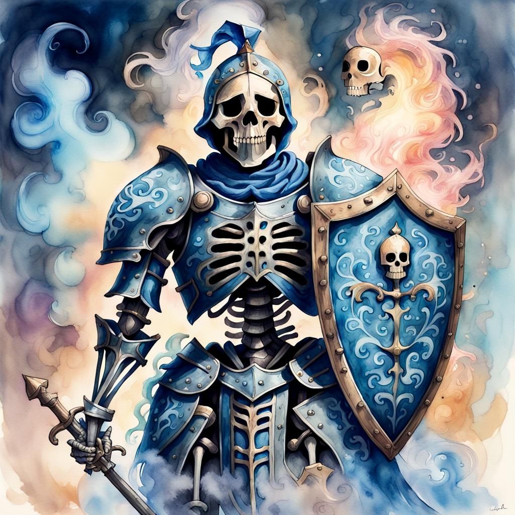 Pastel Watercolor Skeleton Knight with Shield