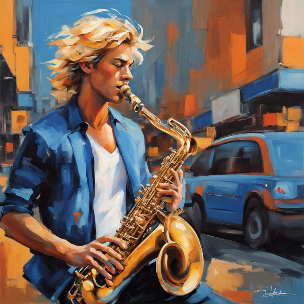 Expressive Painting of Saxophone Player in Urban Setting
