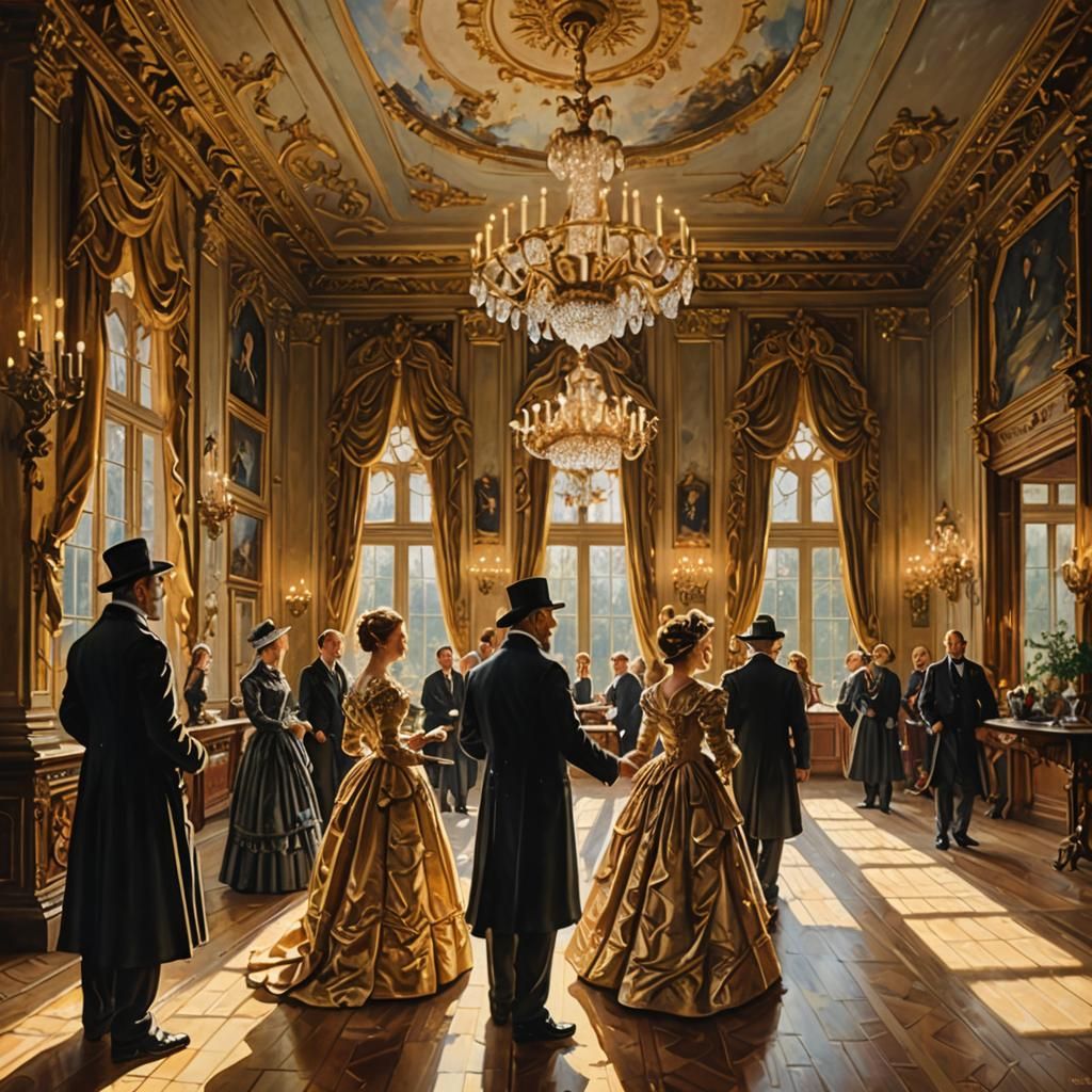 Ornate Gathering in Golden Light: Oil Painting