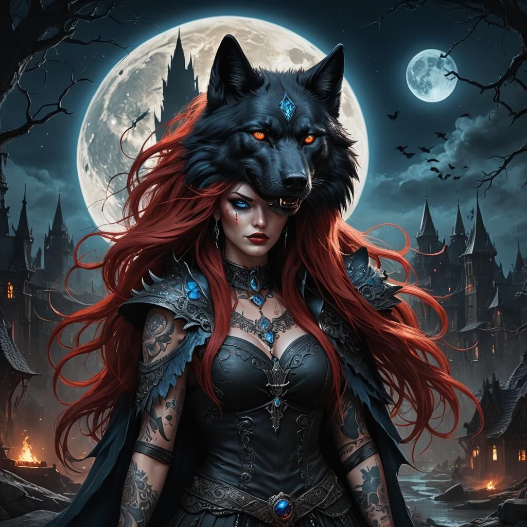 Tattooed Girl and Wolf Under Moonlight, Digital Art
