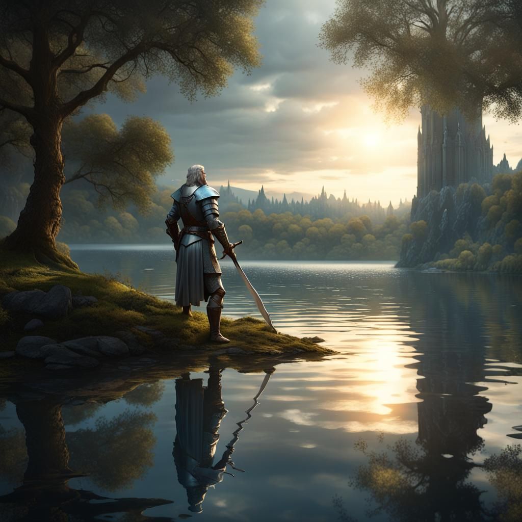 Sir Bedivere Returns Excalibur: Dark Fantasy Art