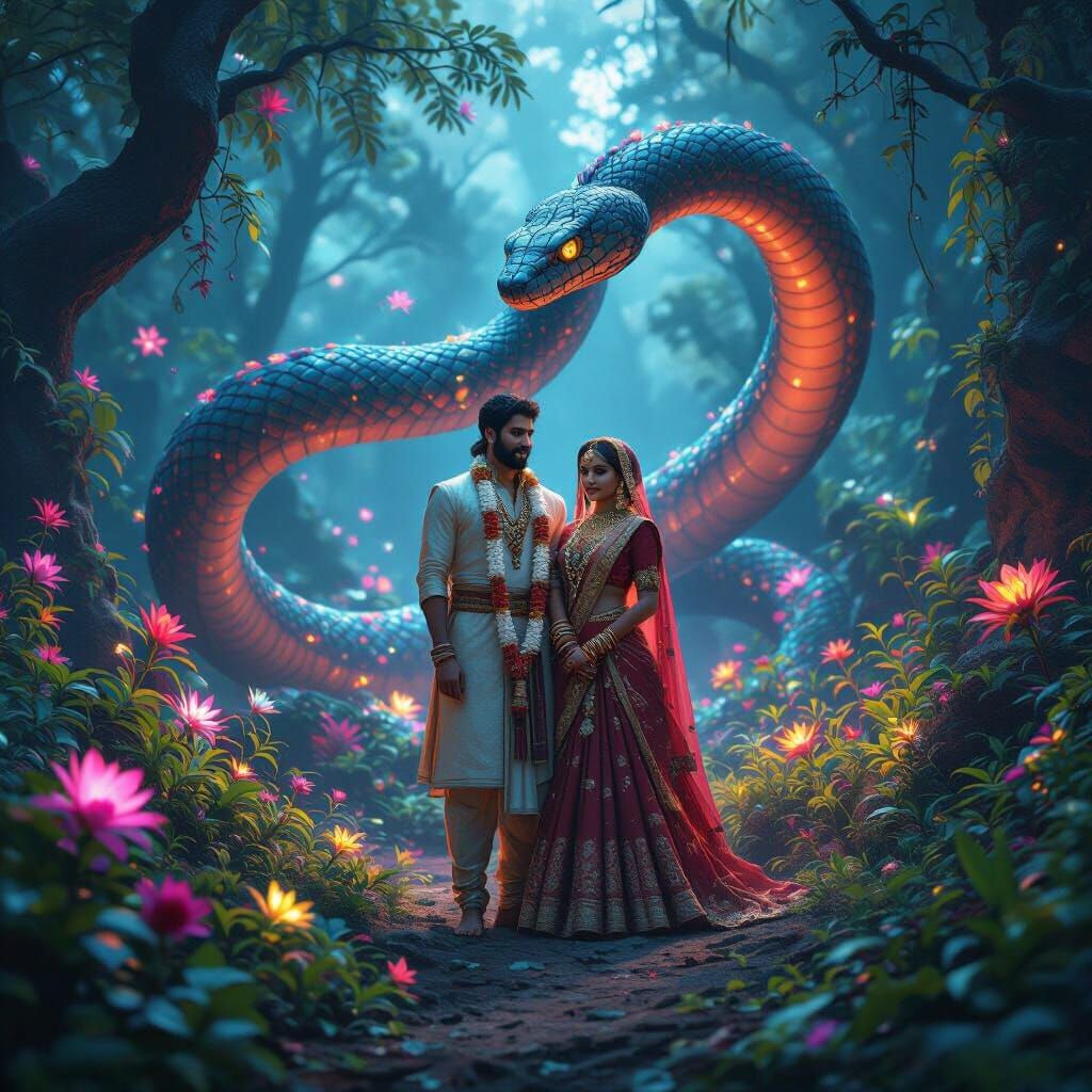 Indian Couple in Mystical Forest with Giant Snake