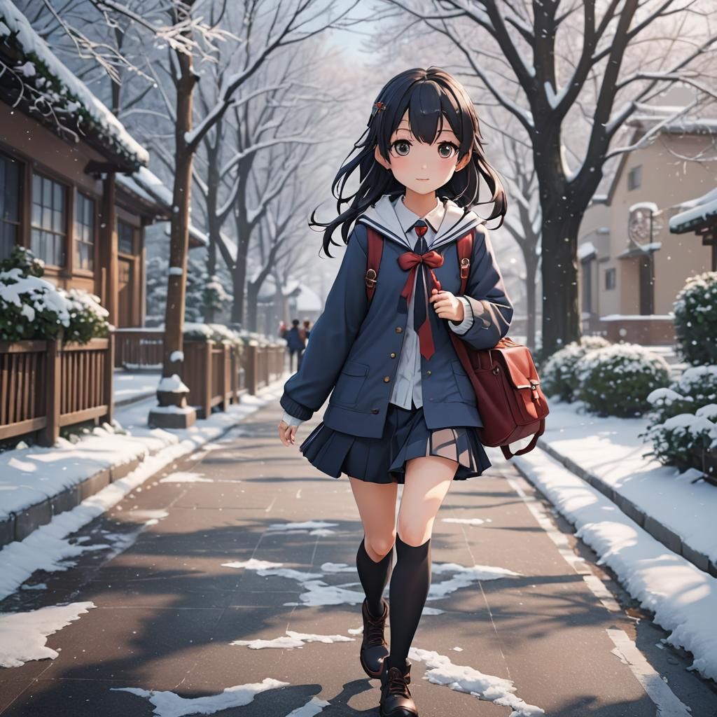 Anime Girl in School Dress on Snowy Day