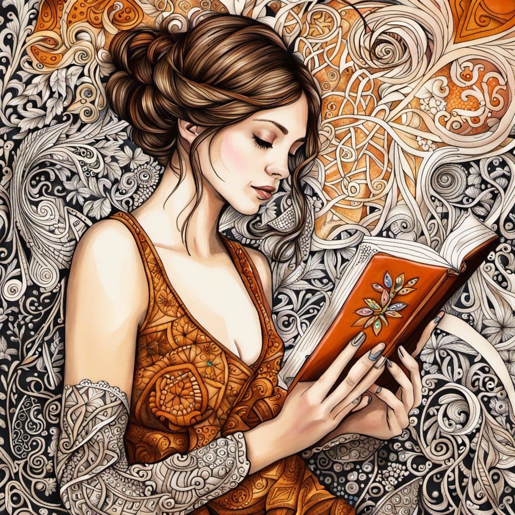 Woman Reading: Zentangle Style Mixed Media Art