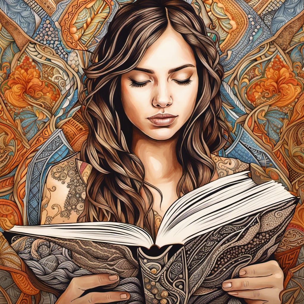 Woman Reading: Zentangle Art with Warm Colors