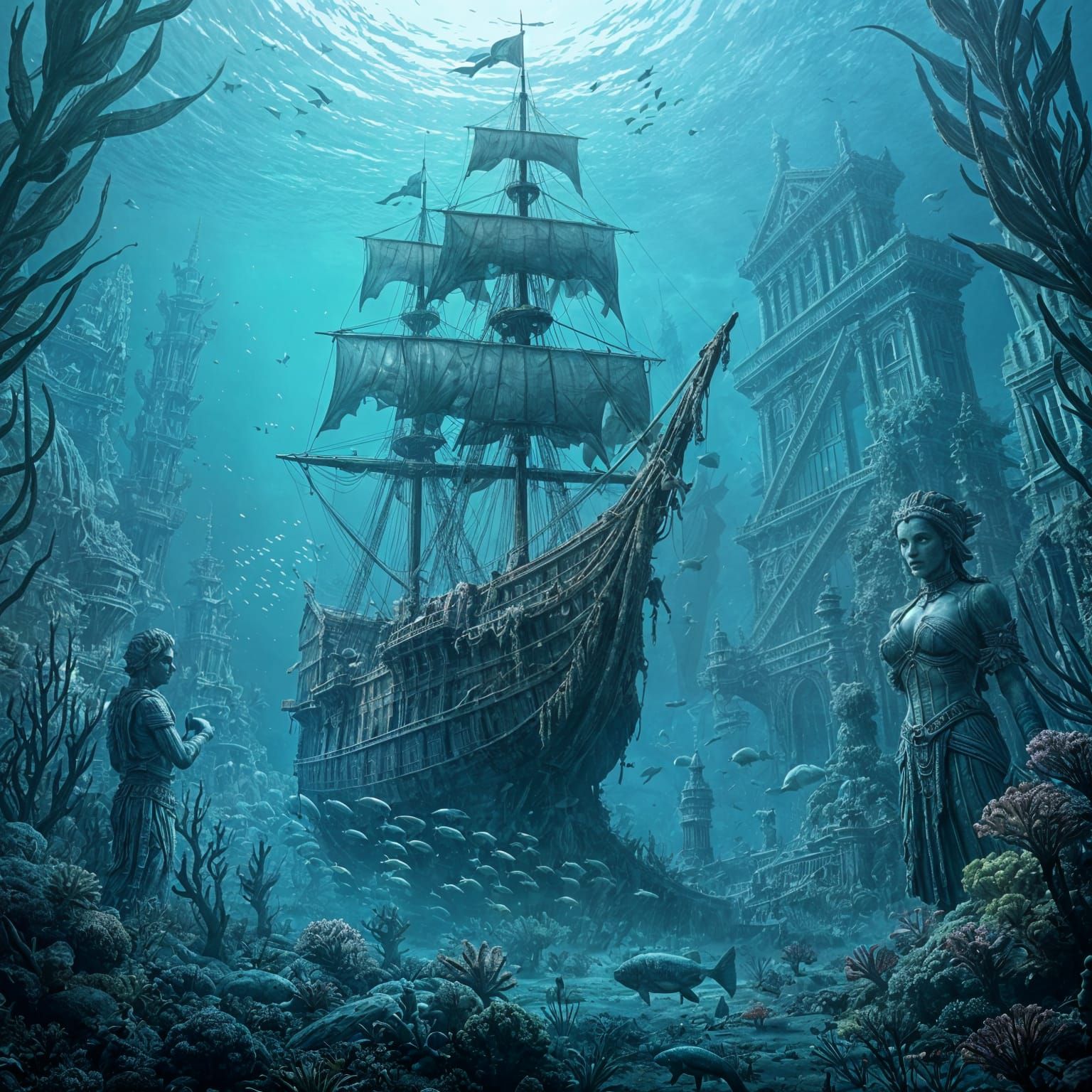 Sunken Galleon in Lost Atlantis City, Ethereal Fantasy Style