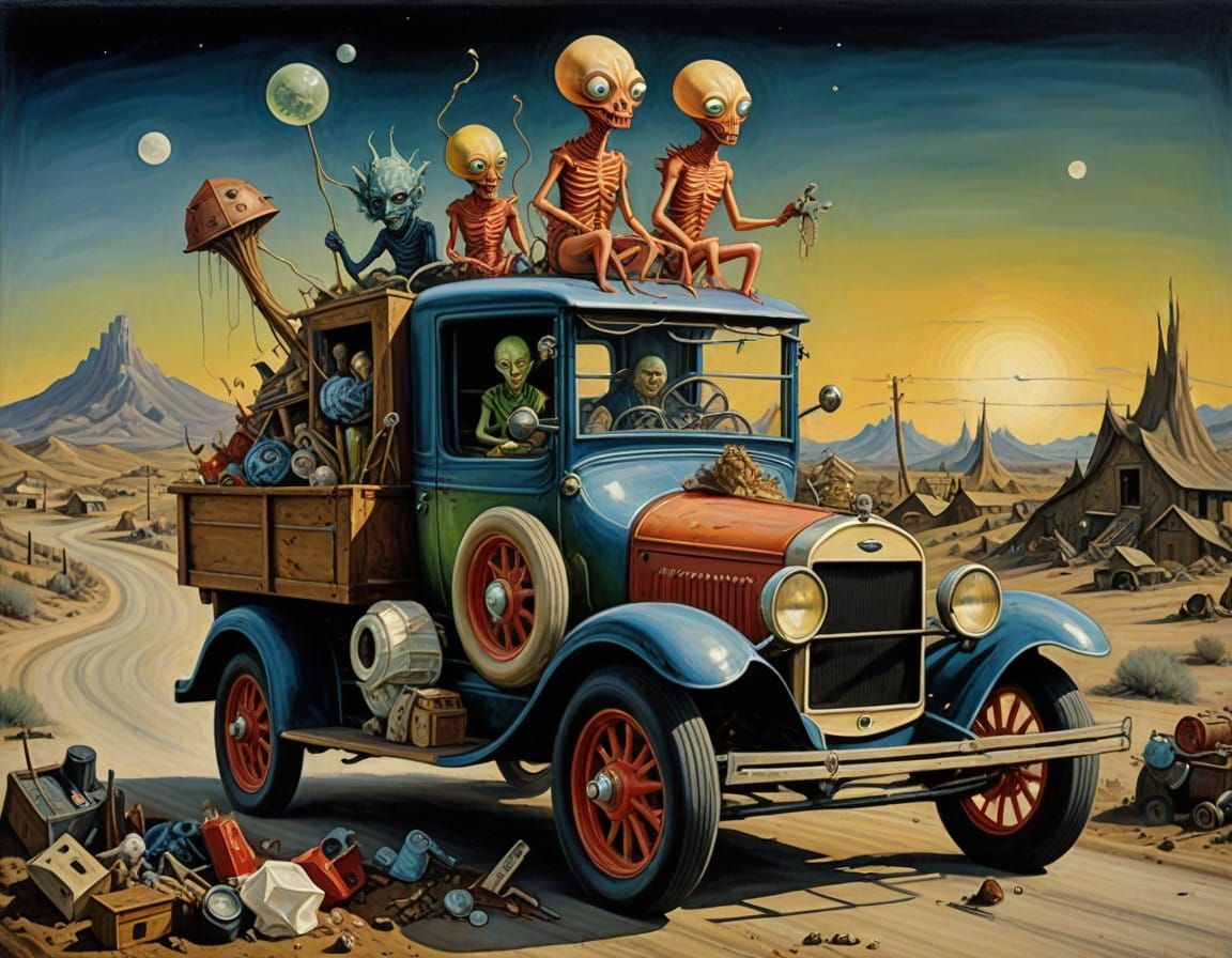 Surrealist Aliens Navigate the Desert in a Vintage Pickup