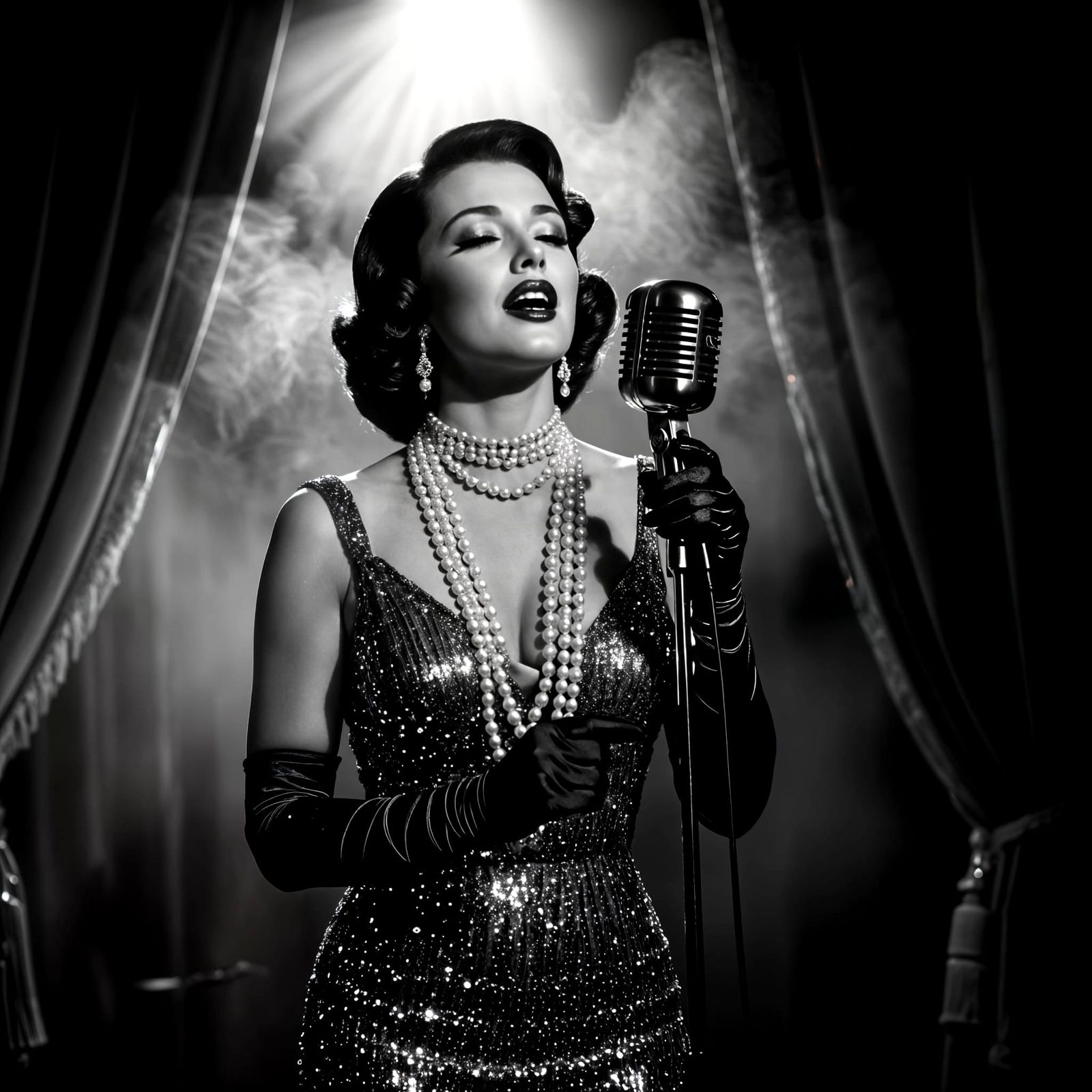 Glamorous 1950s Singer in Sequined Gown on Stage
