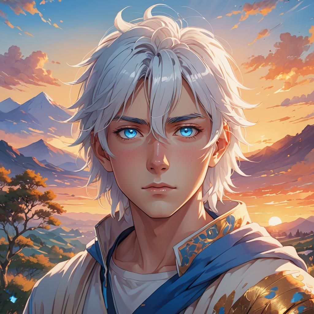 Anime Boy with Blue Eyes in Sunset Landscape