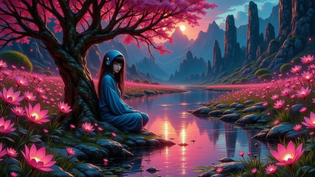 Elegant Blue Alien by Pink Lake as Mixed Media Art