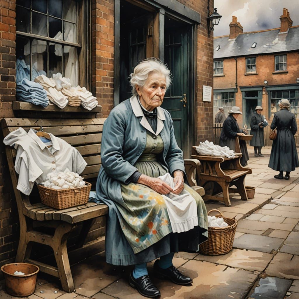 Elderly Lady Sells Baby Clothes in Moody Watercolor