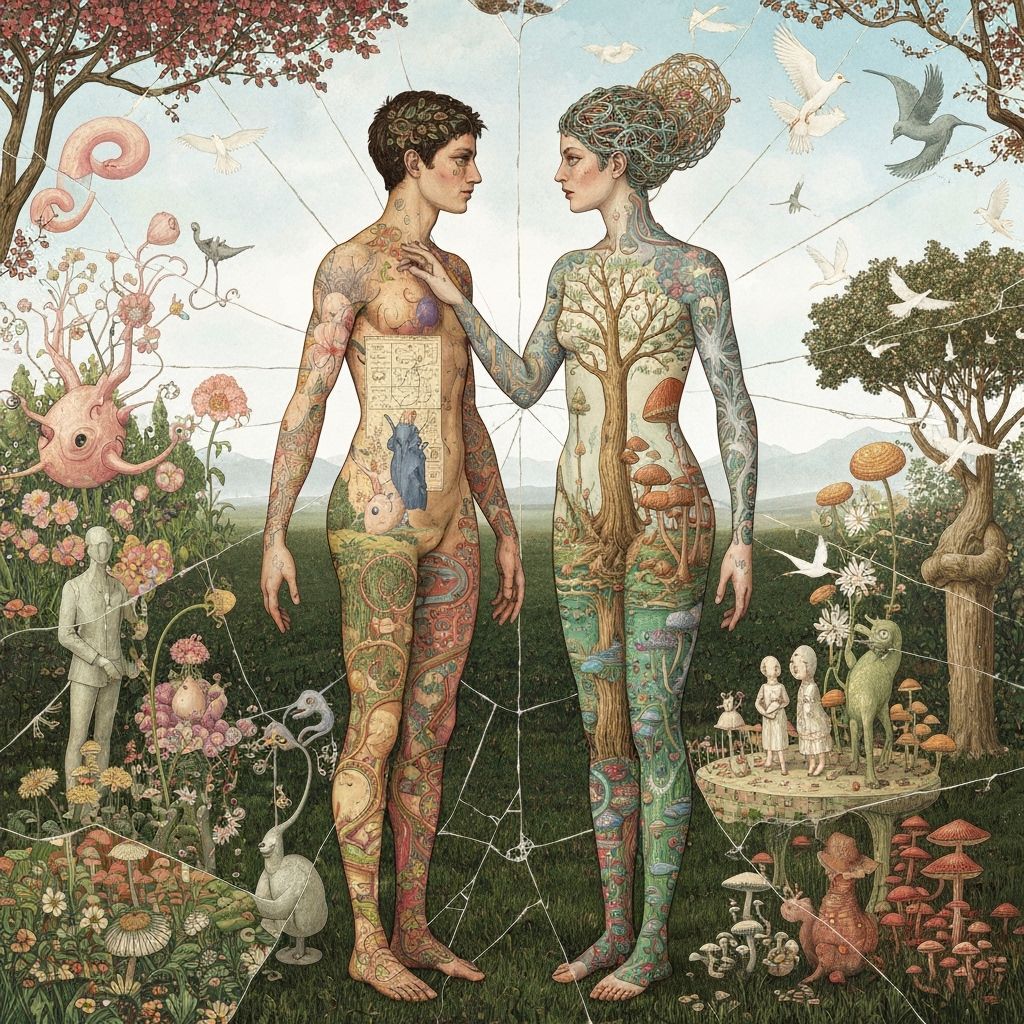 Surreal Garden Party in Bosch and Klimt Style