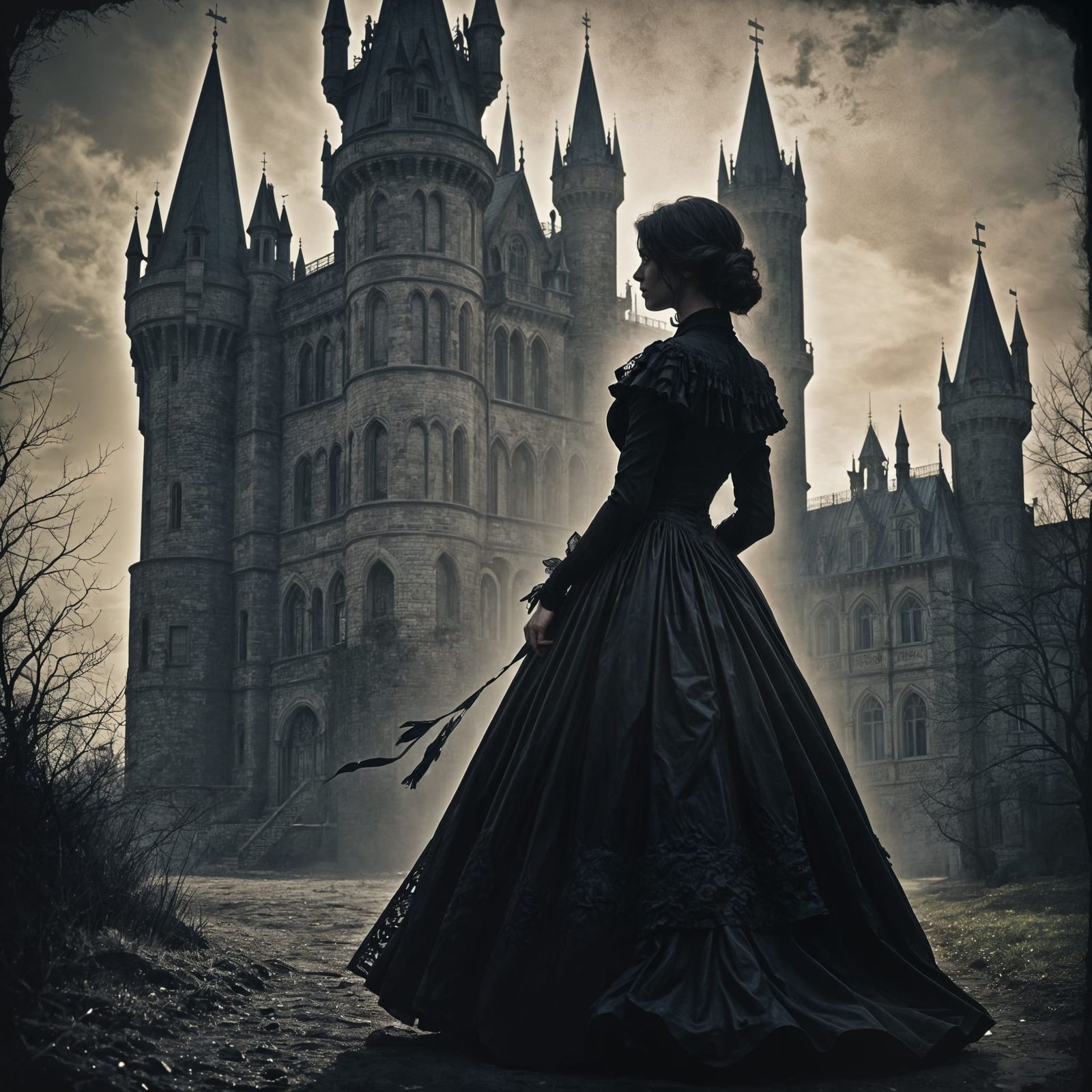 Victorian Silhouette: Girl and Gothic Castle