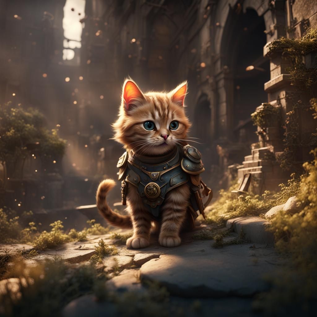 Cute Cat in Shadowy War, Detailed Matte Painting