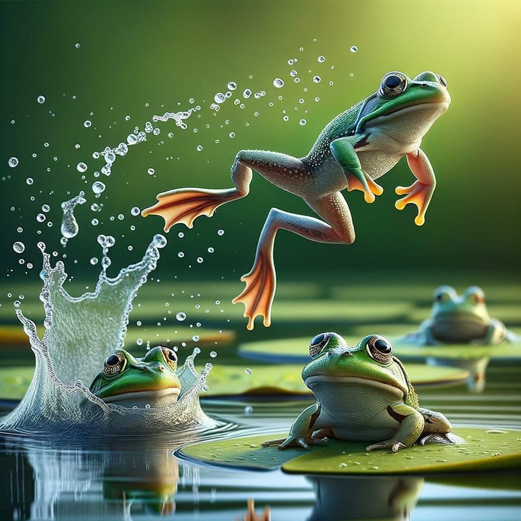 A surprised frog leaping upward from lillypad. Another frog peeking out of water. Water flying