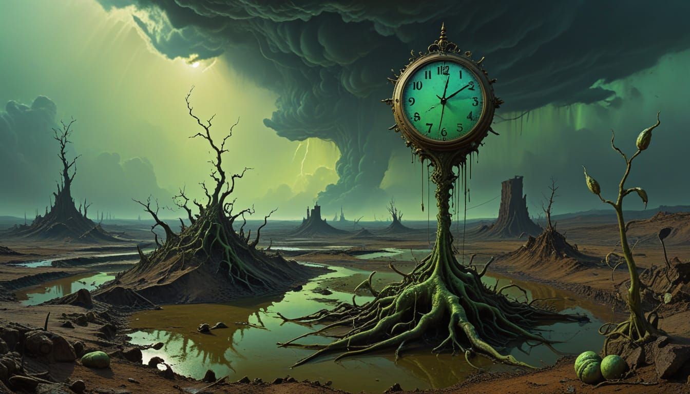 Melting Clock Over Toxic Wasteland in Surrealist Style