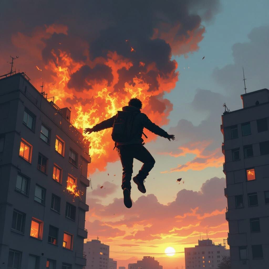 Figure Leaps from Burning Skyscraper in Digital Art Style