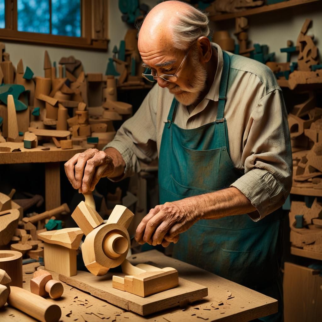 Old Man Carving Wood Toy in Cubism Style