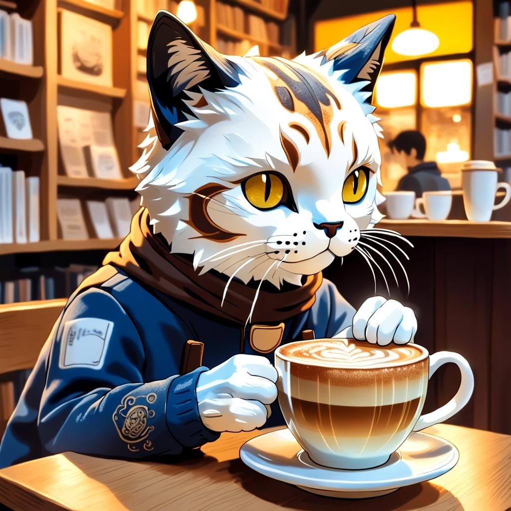 Humanoid Cat Sipping Coffee in Bookstore Cafe