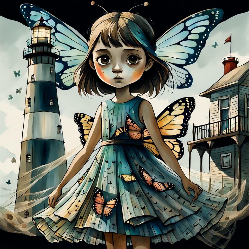 Butterfly Girl by the Lighthouse: Sketch Art