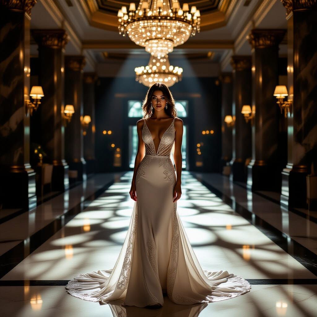 Woman in Silk Gown in Opulent Lobby