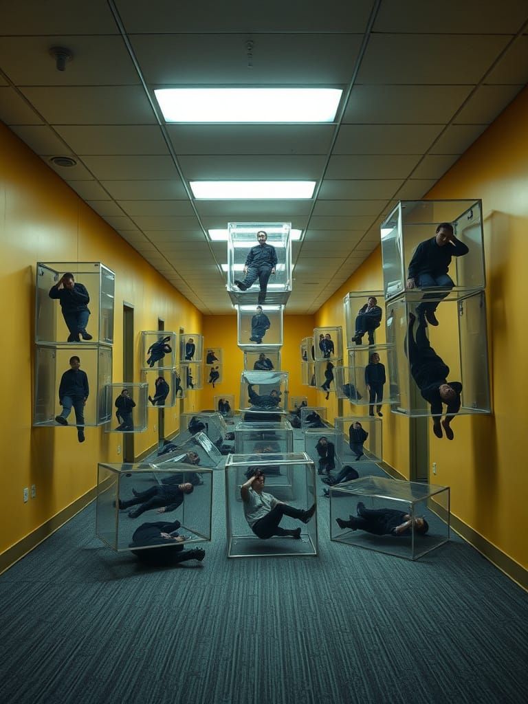 Massive Transparent Cubes With Isolated People in Office Cor...