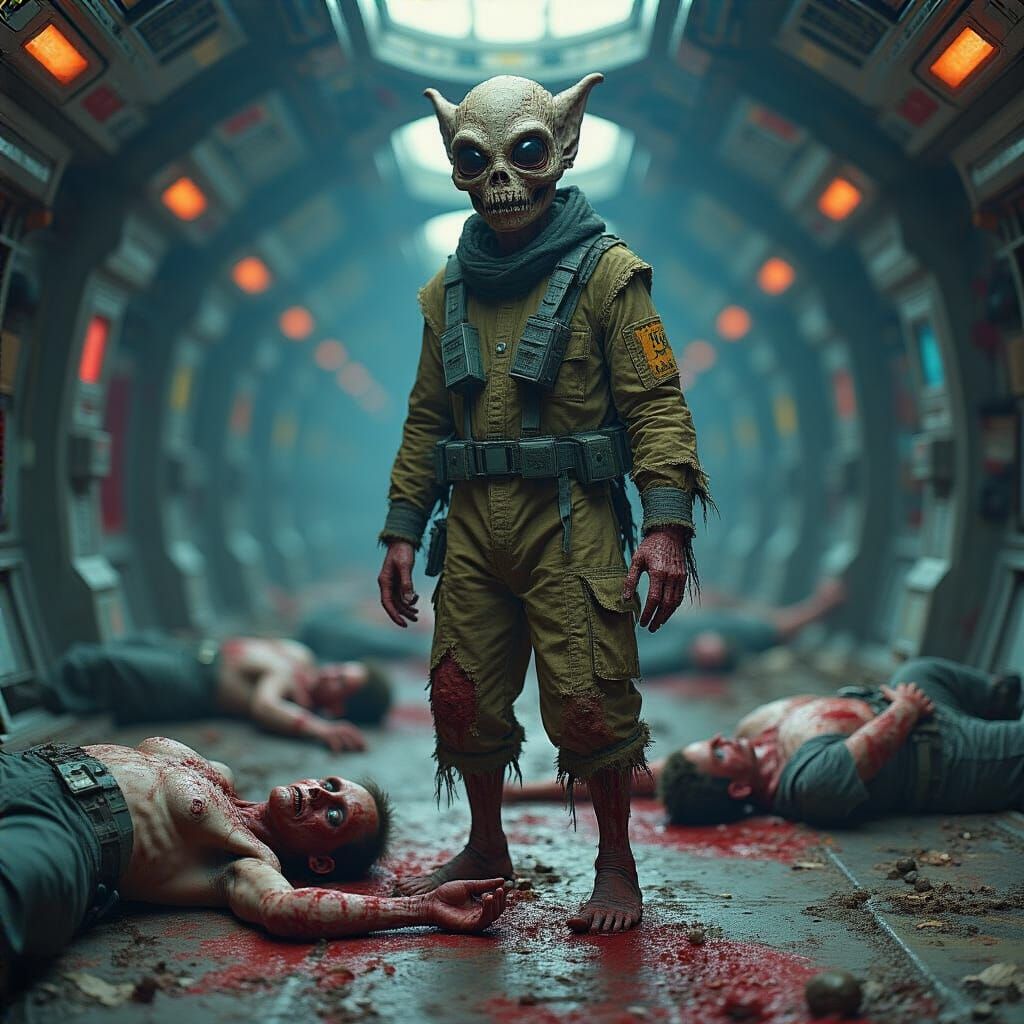 Grotesque Alien Amidst Carnage in Hyperrealistic Style
