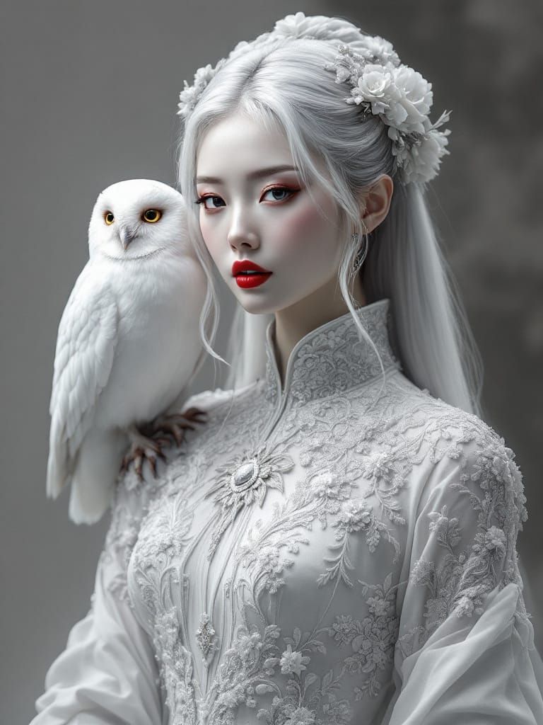 Regal Woman with White Owl, Red Lips in Monochrome Style