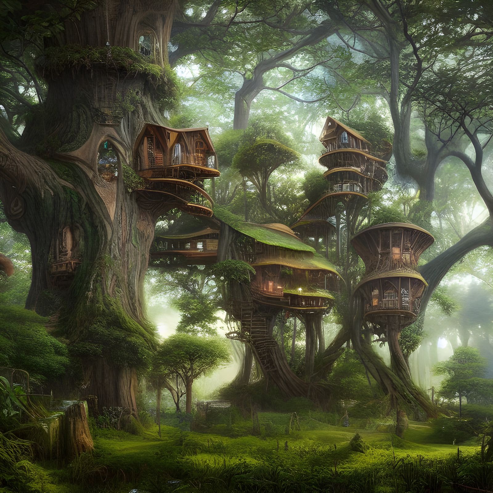 Detailed Treehouse City in Oil Painting Style