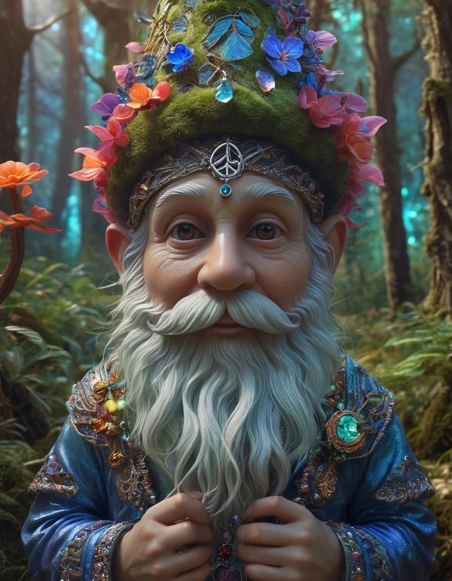Gnome with Crystal in Mystical Forest, Surrealism