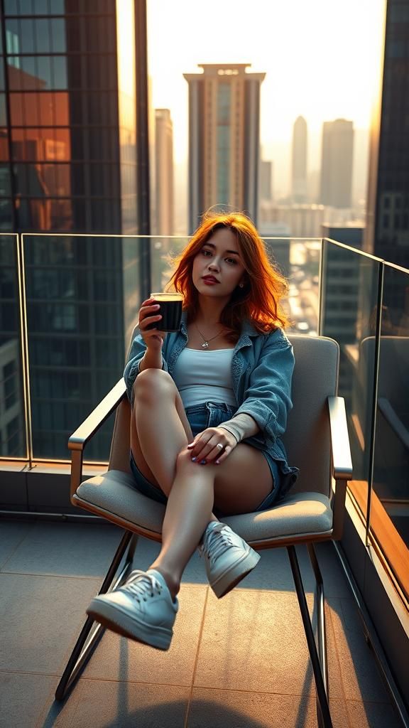 Rooftop Relaxation: Woman with Coffee in Synthwave Style