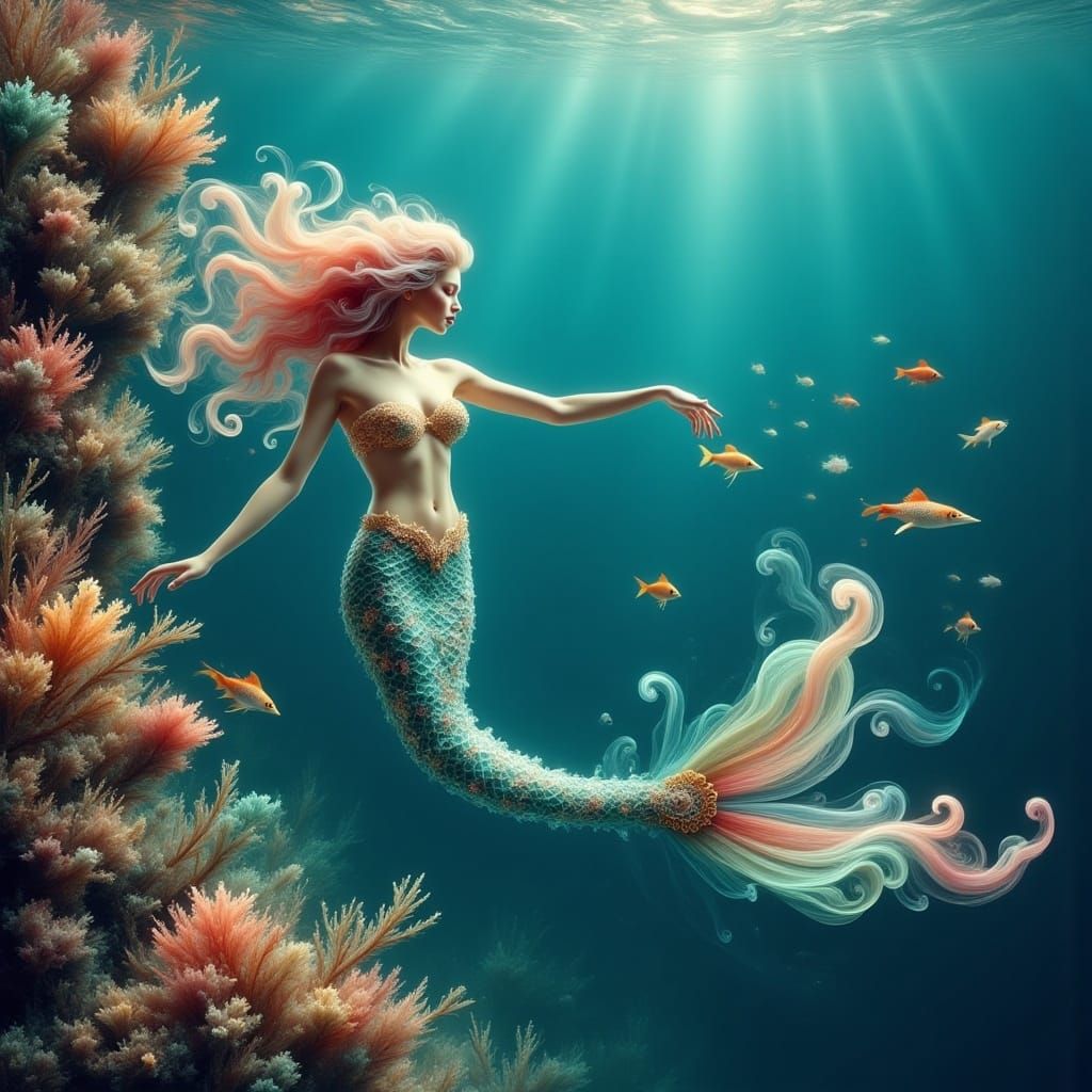 Mermaid in Vibrant Coral Reef Close-Up