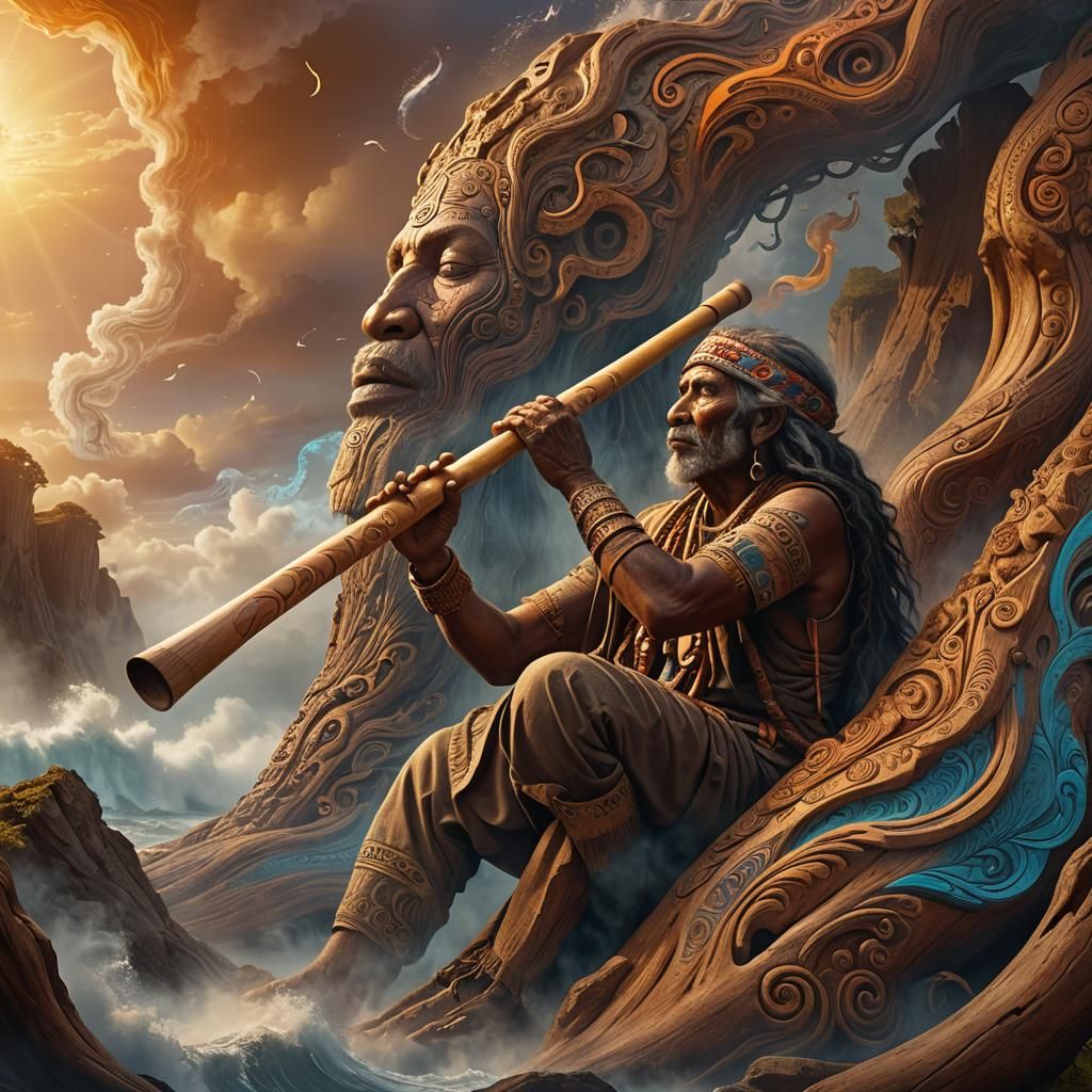 Aboriginal Didgeridoo Player in Mystical Landscape