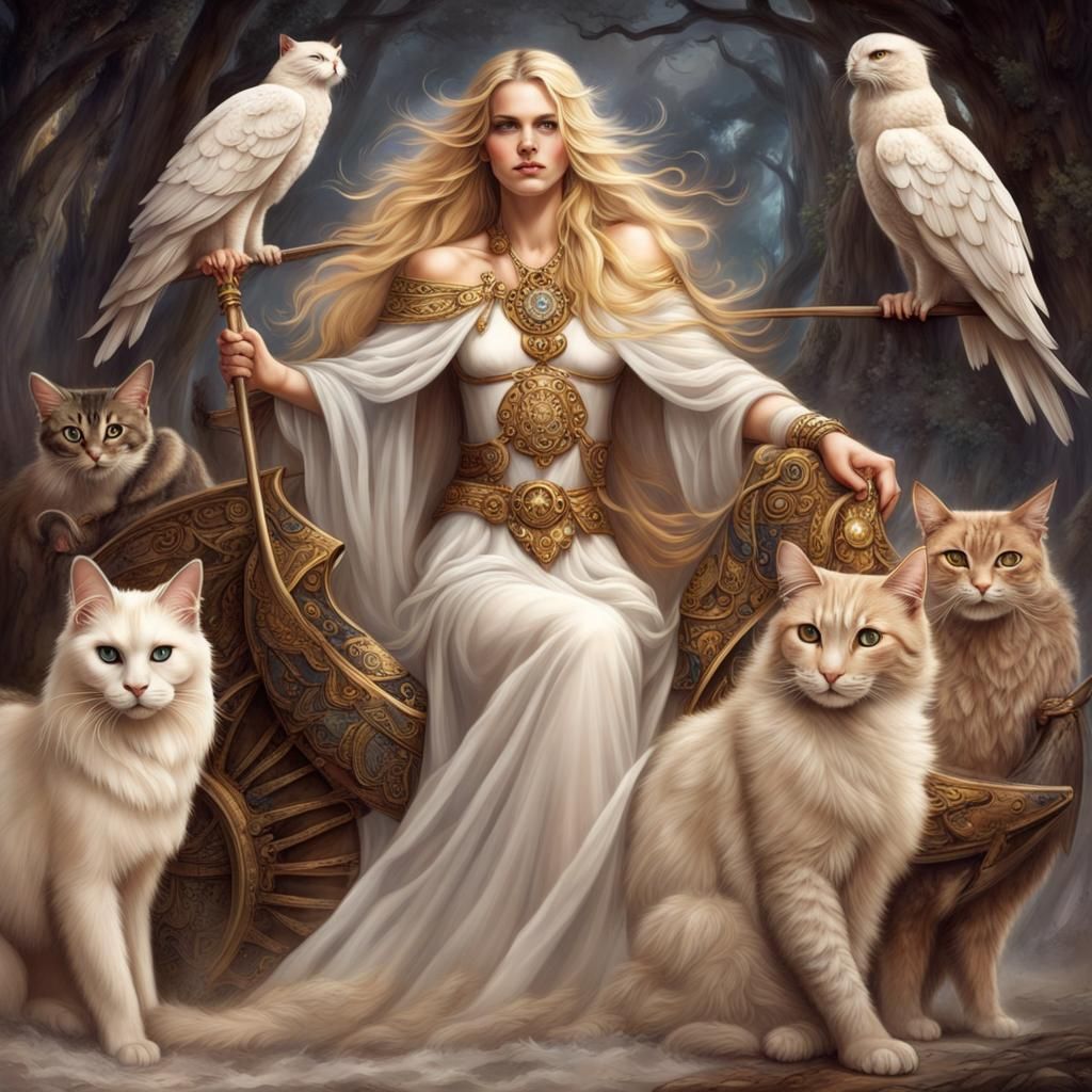 Goddess Freya with Falcon Cloak and Cats
