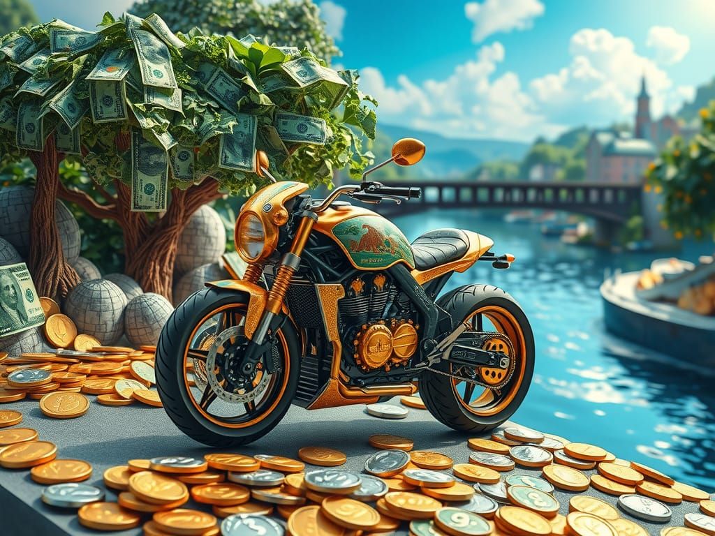 Motorcycle Speeds Through Landscape of Money